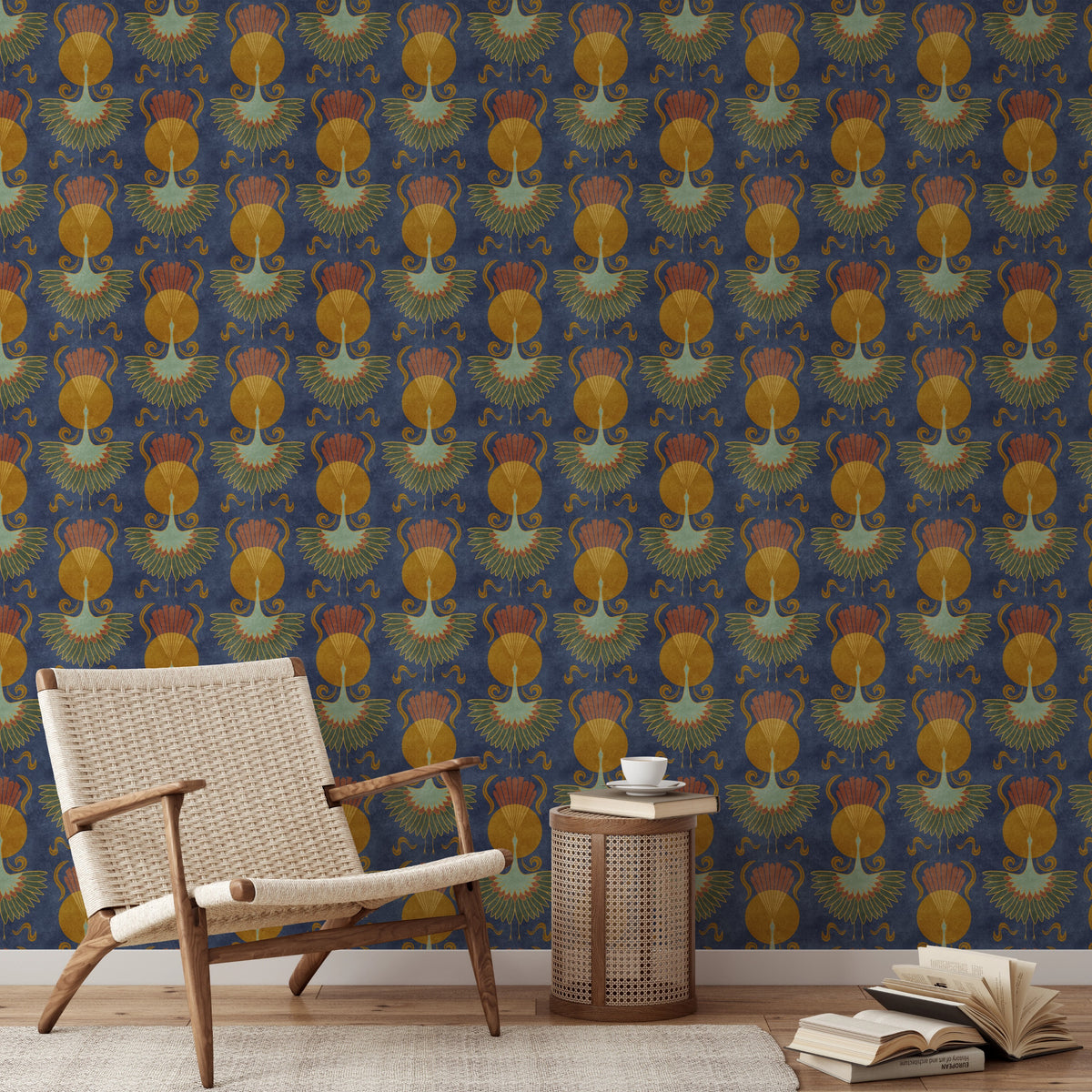 blue crane bird wallpaper in peel and stick, prepasted, or traditional nonpasted for dark moody art deco or mid century modern decor.