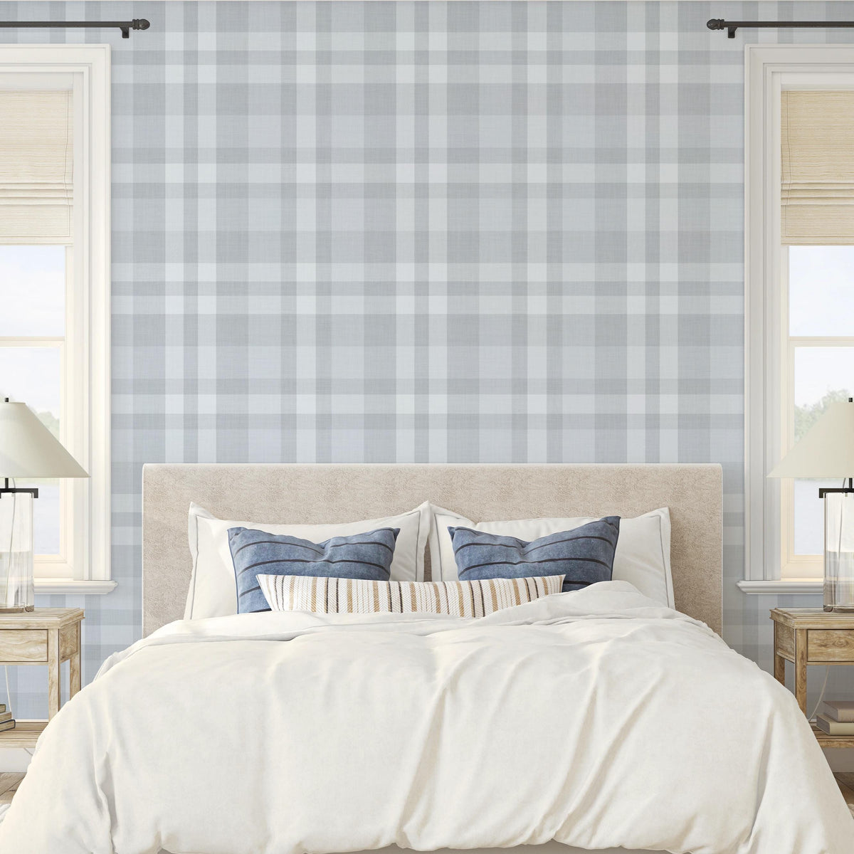 Blue gray plaid wallpaper in a calm boys bedroom