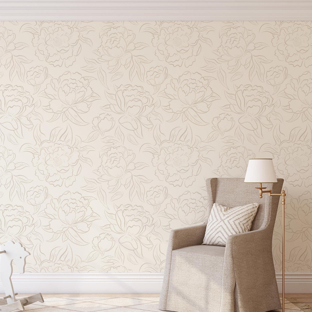 Armchair and floor lamp against neutral beige Peony Sketch floral wallpaper