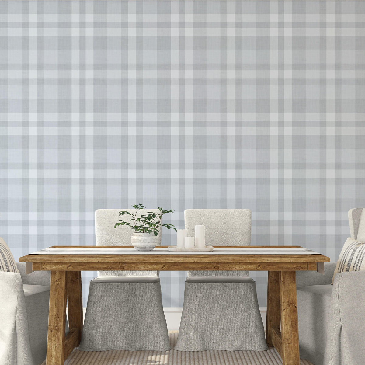 Blue gray plaid prepasted wallpaper in a farmhouse dining room