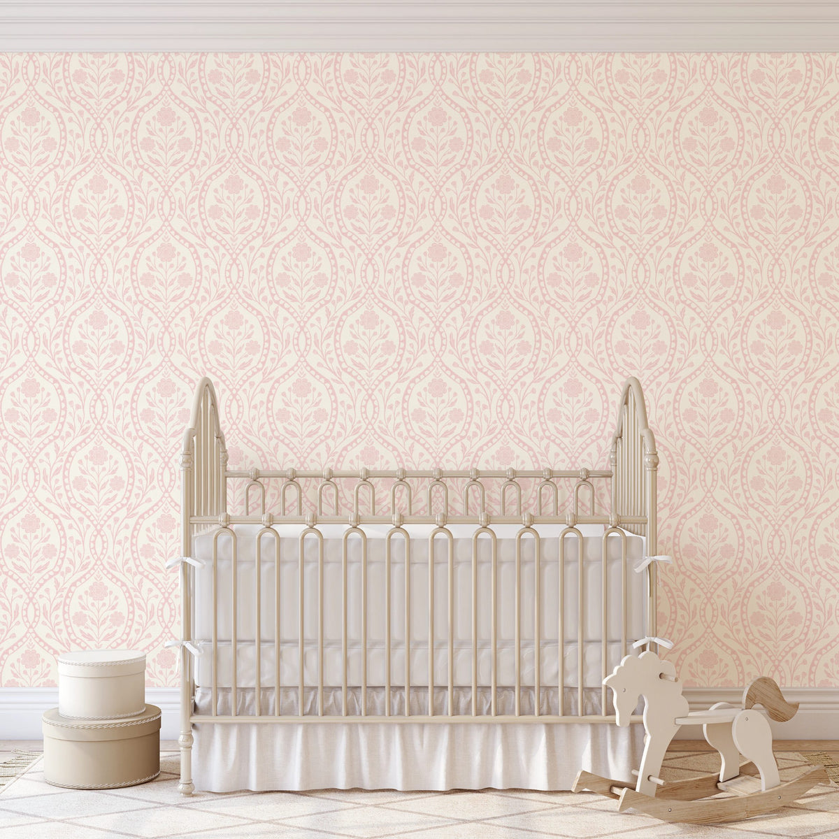 girls nursery pink floral wallpaper with botanical wildflowers shown in kids room as removable peel and stick, prepasted or traditional nonpasted