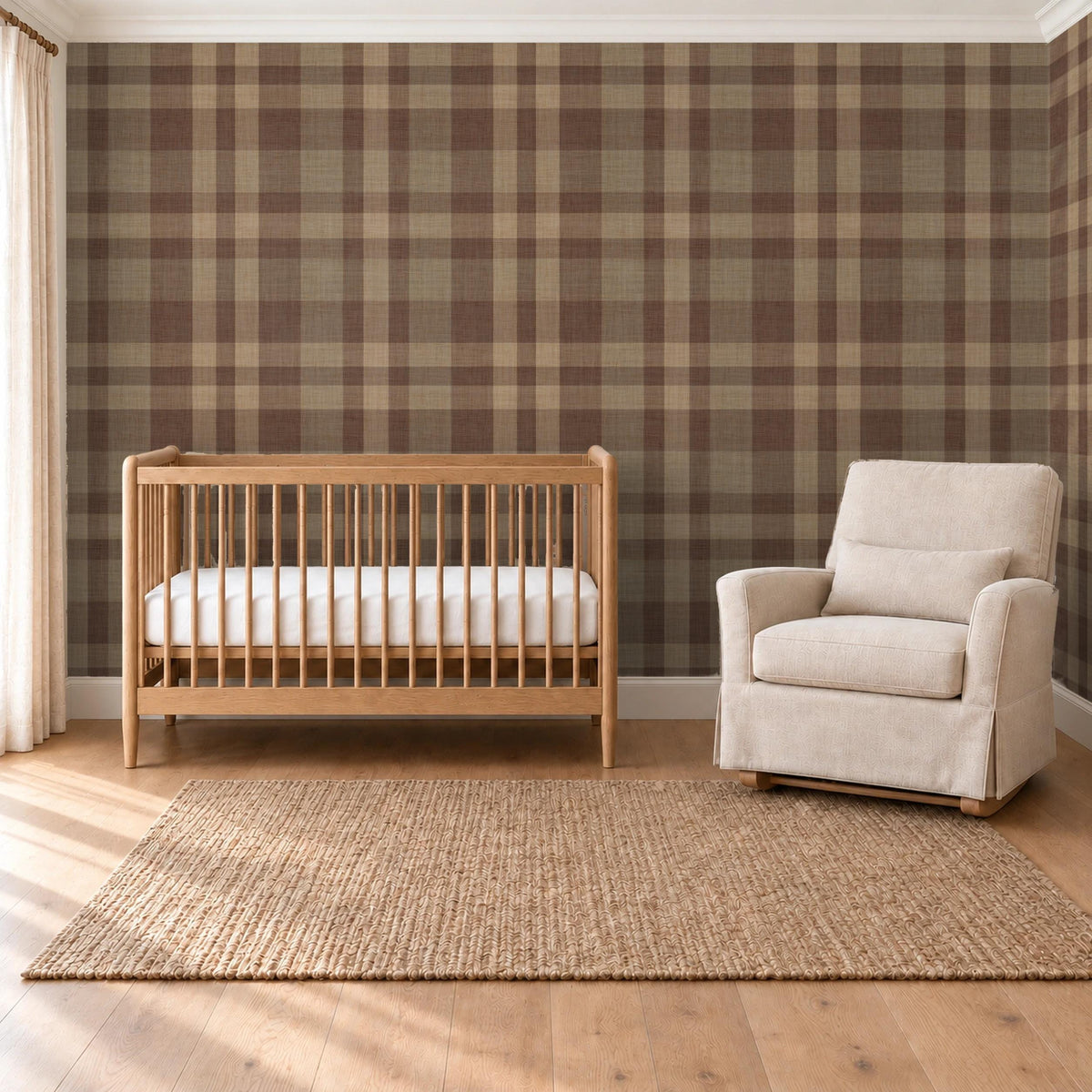 Brown plaid wallpaper in a cozy baby nursery