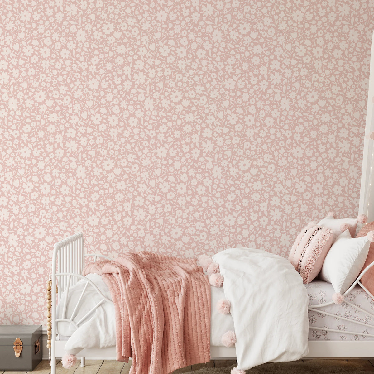 pink floral girls nursery wallpaper in removable peel and stick, prepasted or traditional nonpasted perfect for girly bedroom, powder room or accent wall.