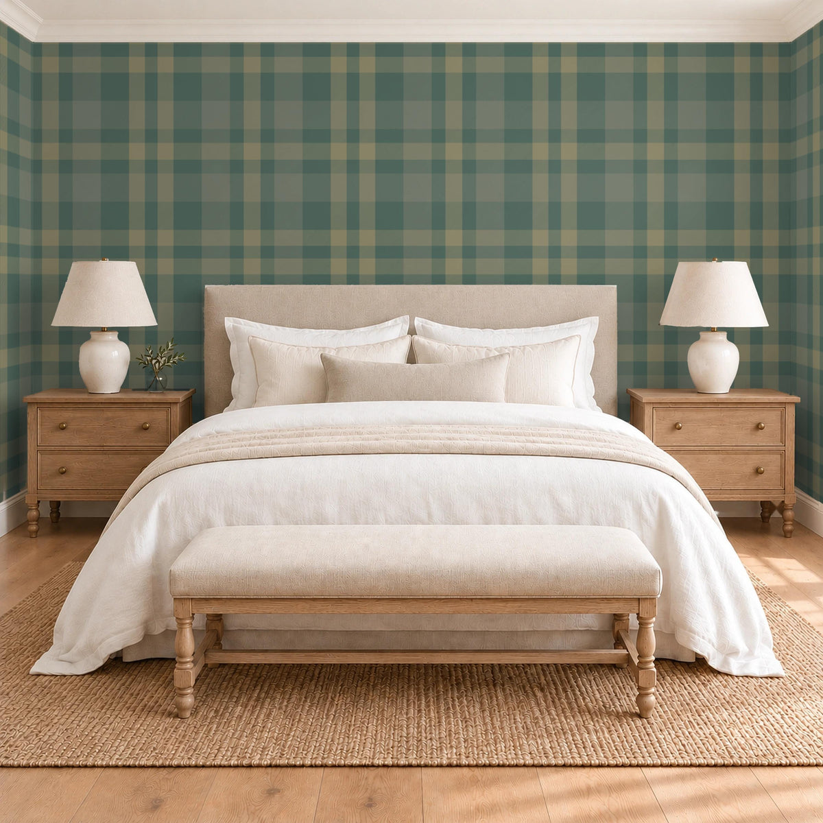 Forest green plaid wallpaper in a dark and moody master bedroom