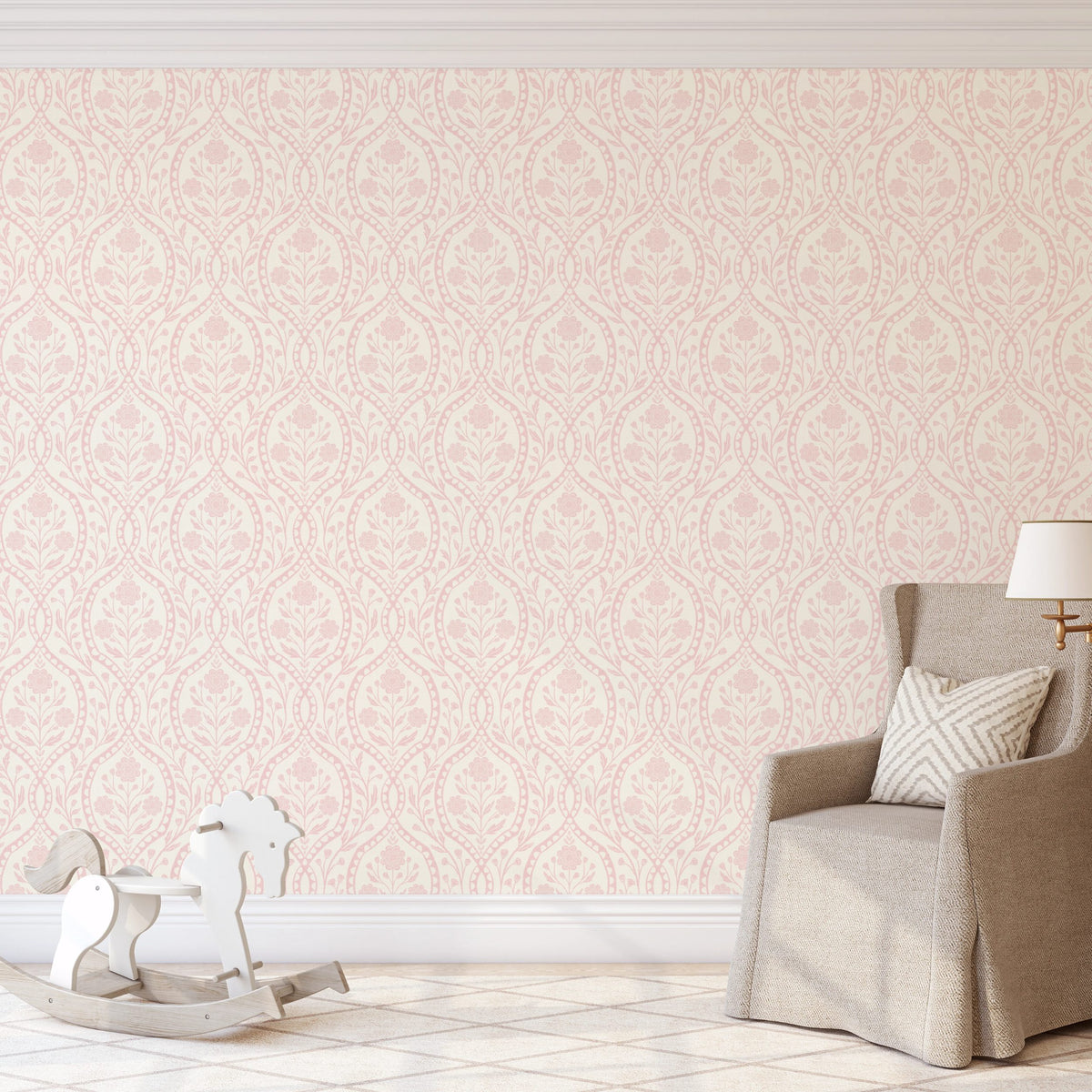 girls nursery pink floral wallpaper with botanical wildflowers shown in kids room as removable peel and stick, prepasted or traditional nonpasted