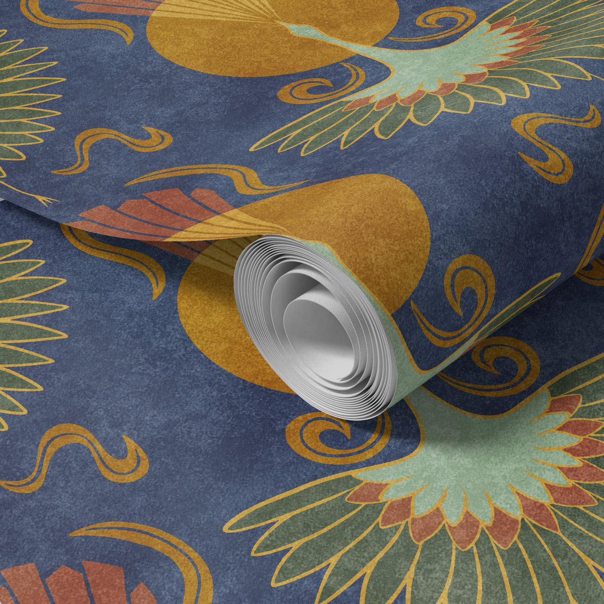blue crane bird wallpaper in peel and stick, prepasted, or traditional nonpasted for dark moody art deco or mid century modern decor.