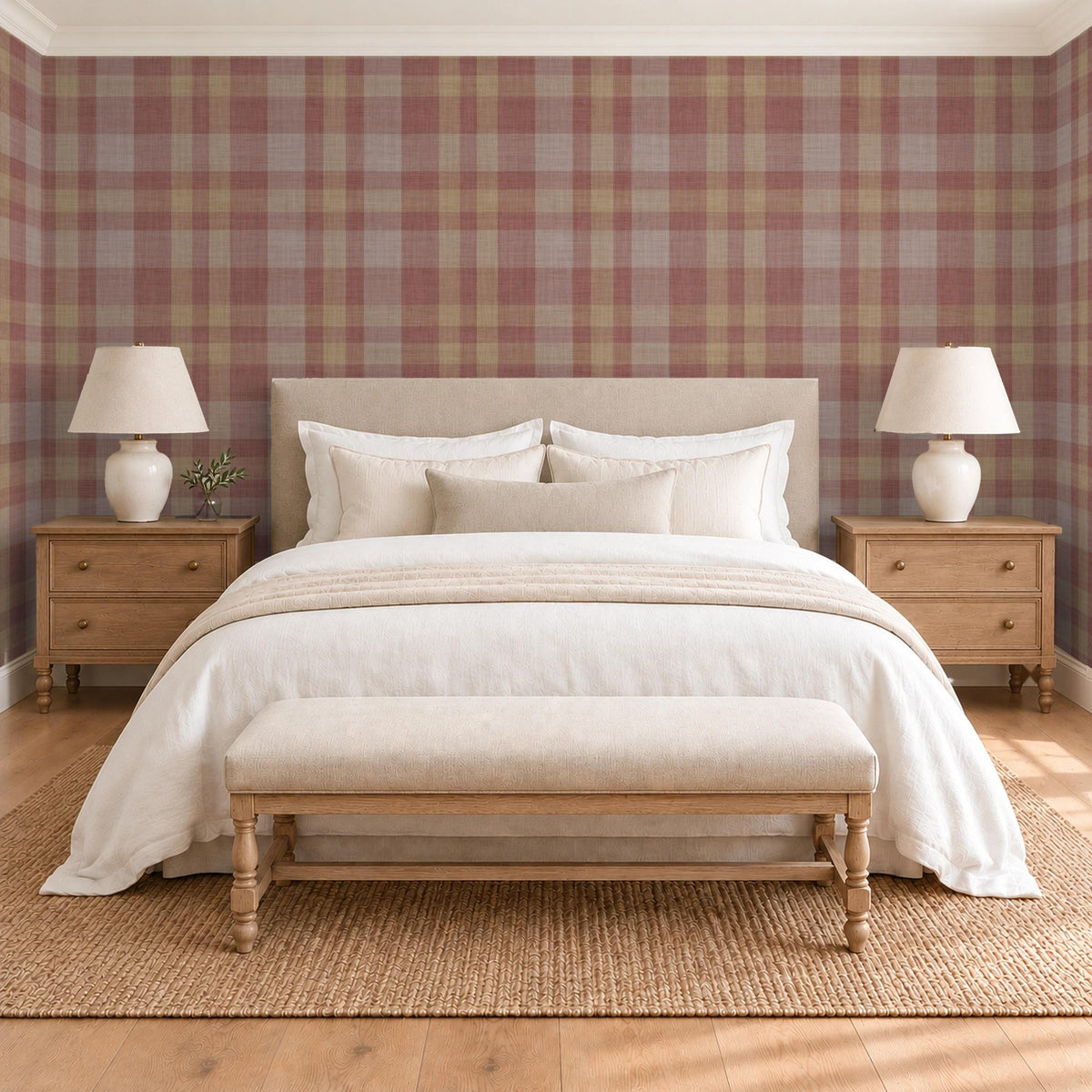 Burgundy red plaid wallpaper in a warm, moody master bedroom