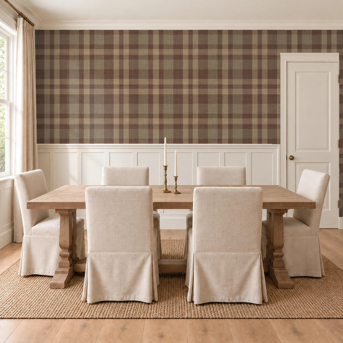 Brown plaid traditional nonpasted wallpaper above wainscoting in a rustic farmhouse dining room