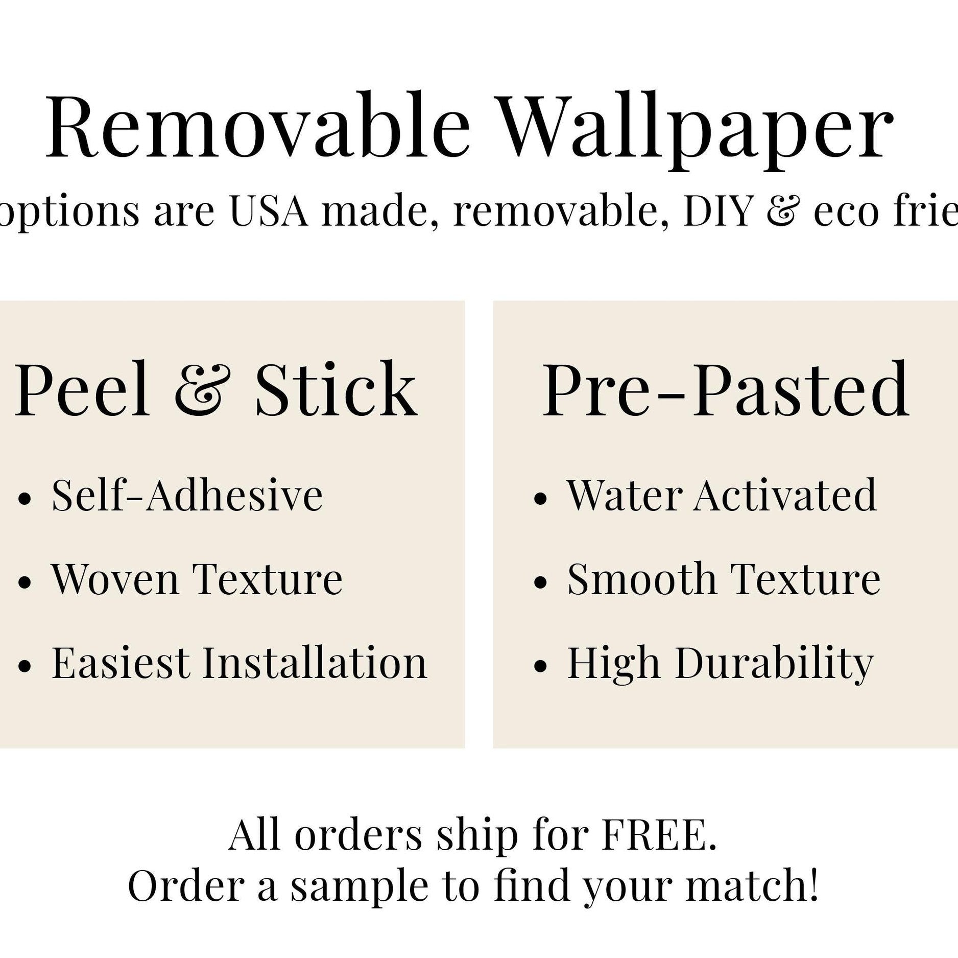 Comparison of Peel & Stick vs Pre-Pasted removable wallpaper. Peel & Stick features self-adhesive, woven texture, and easy installation. Pre-Pasted offers water activation, smooth texture, and high durability. Both eco-friendly and USA-made