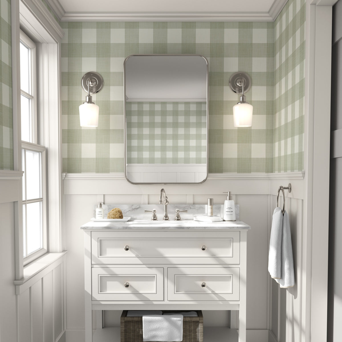 olive/sage green gingham wallpaper in removable peel and stick, prepasted, or traditional nonpasted for baby boy or girl nursery room or childrens room wallpaper for a modern farmhouse or vintage cottage style home.