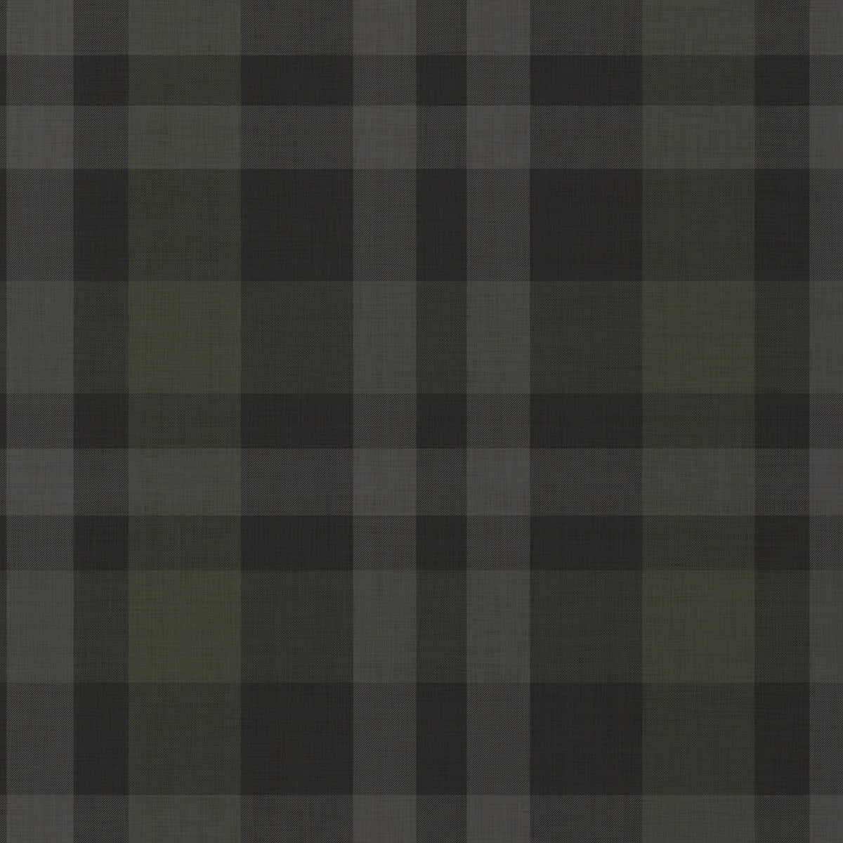 Pattern close-up of Hollis Plaid wallpaper in charcoal black and olive green