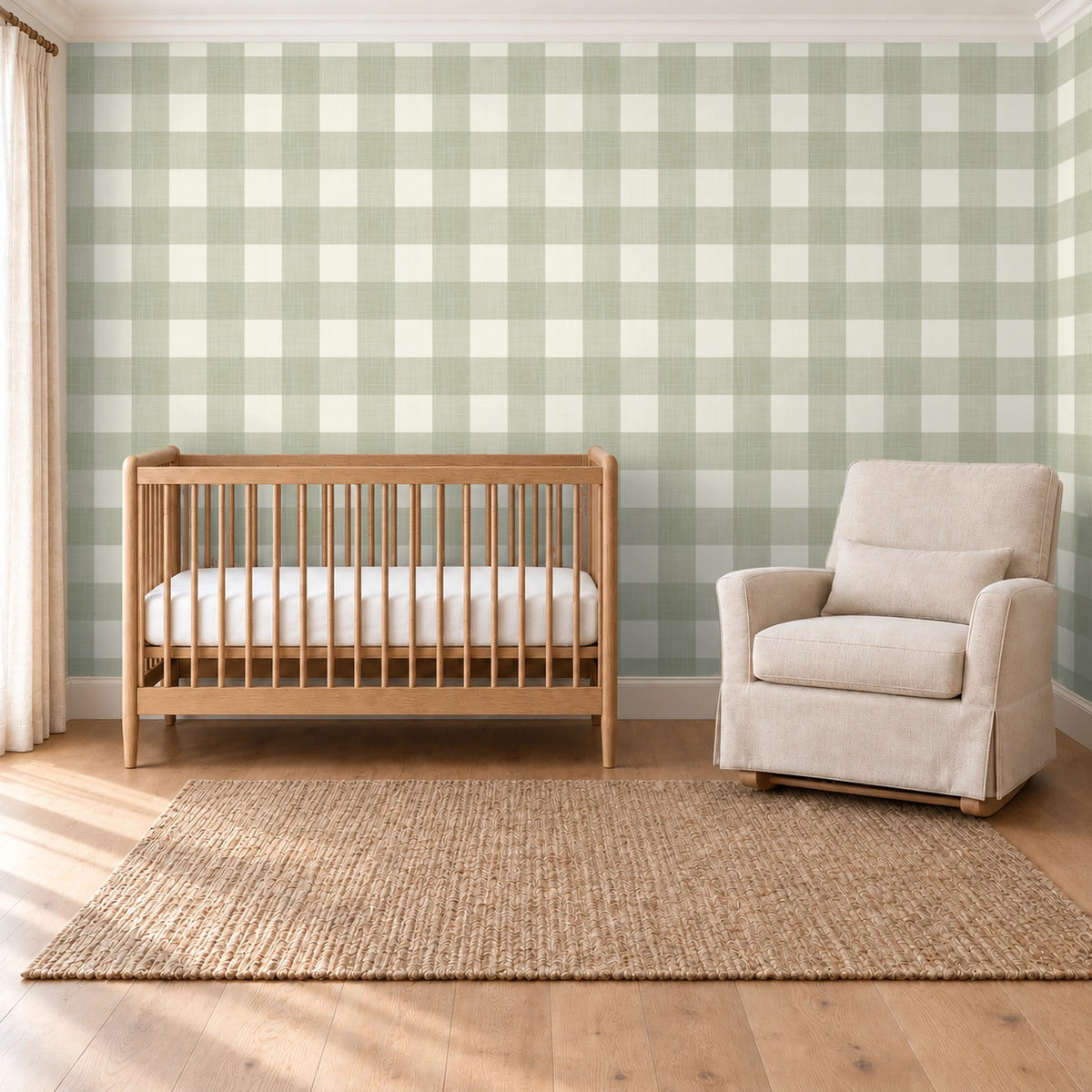 light sage olive green gingham removable peel and stick, prepasted or traditional nonpasted wallpaper with a linen look texture featured on nursery accent wall behind toddler bed in gender neutral childrens room.