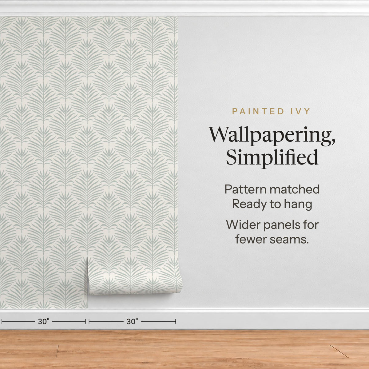 Wallpapering, Simplified graphic showing pre-matched panels of gray green and white Palm Breeze palm leaf wallpaper on a wall