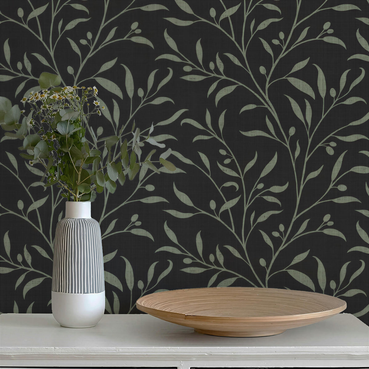 dark moody olive grove botanical leaves and branches wallpaper in peel and stick, prepasted or traditional nonpasted for vintage farmhouse or dramatic accent wall.