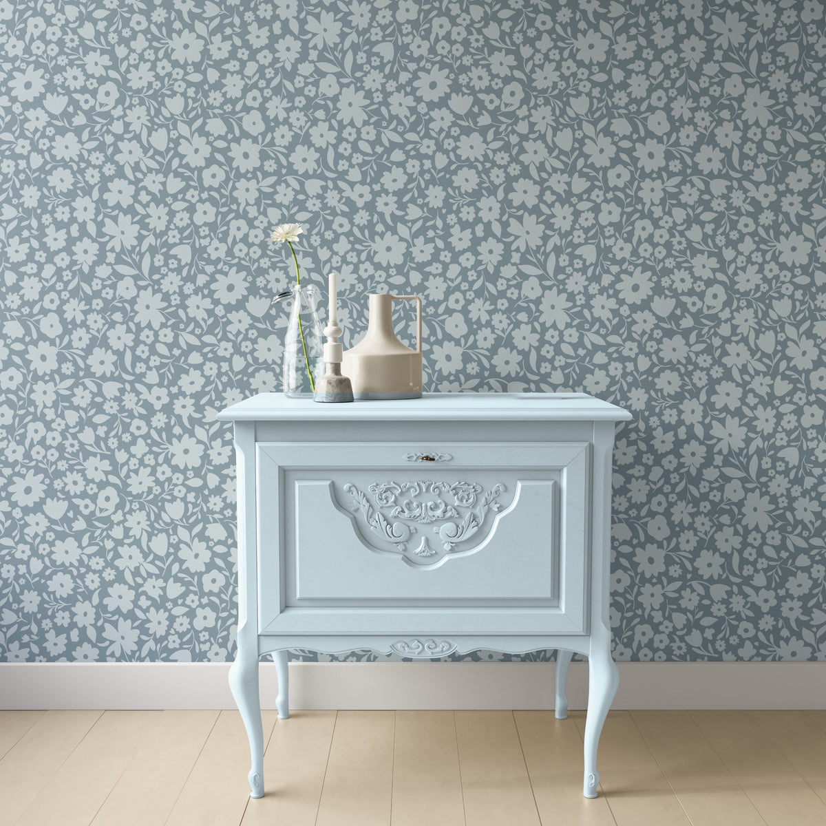 blue floral girls nursery wallpaper in removable peel and stick, prepasted or traditional nonpasted perfect for girly bedroom, powder room or accent wall.
