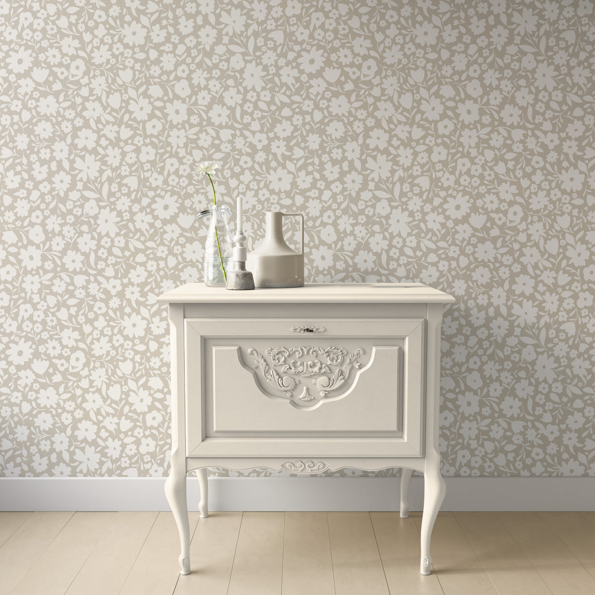 neutral beige vintage floral inspired wallpaper in peel and stick, prepasted or traditional nonpasted for girls bedroom or nursery.