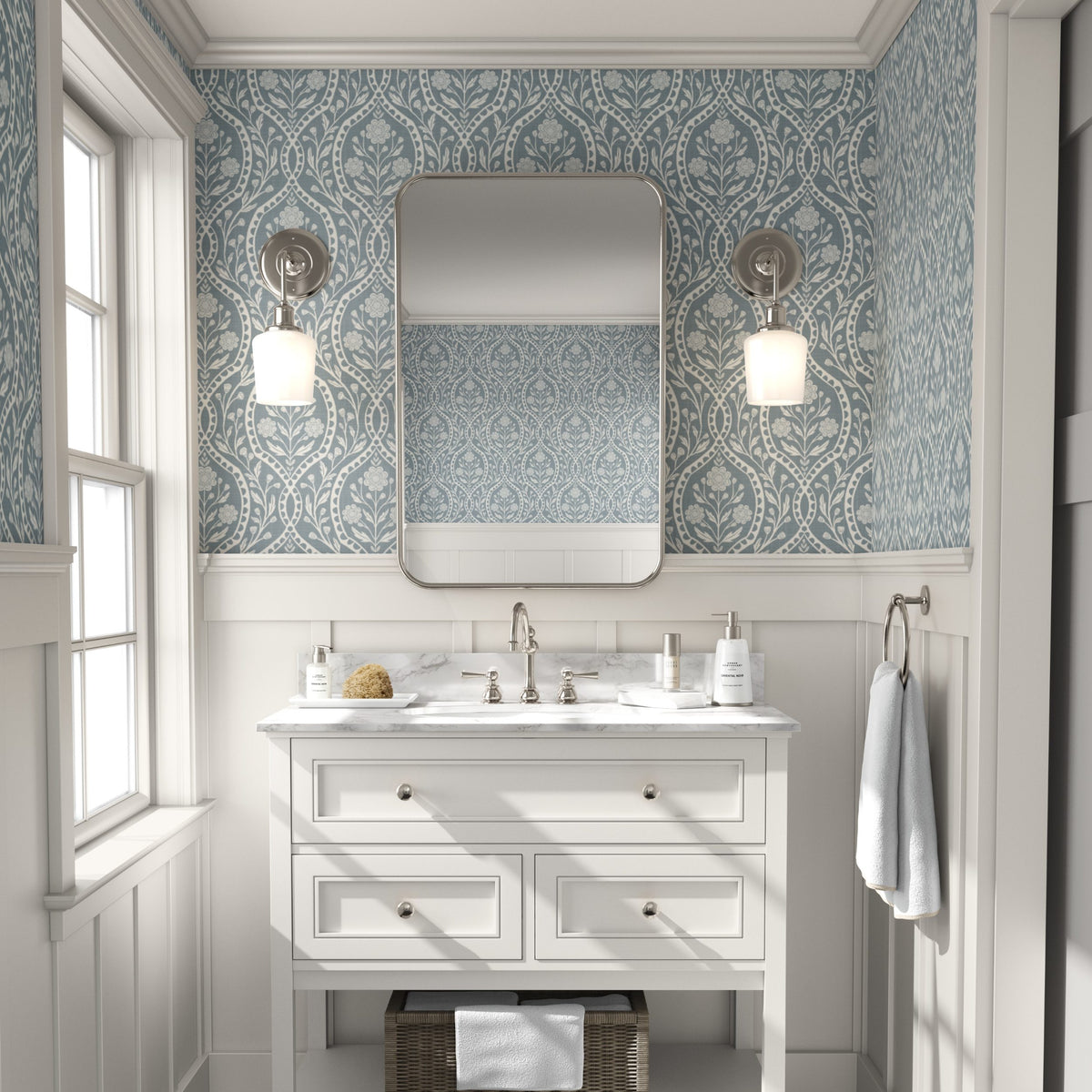 blue and white floral wallpaper with a wildflower floral damask pattern. Shown in peel and stick or prepasted for a removable renter friendly option for traditional or french country aesthetic suitable for baby nursery, bedroom, bathroom, kitchen or dining room.