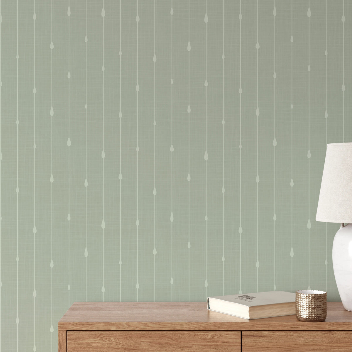 sage green stripe with coastal raindrop water drops in removable peel and stick, prepasted or traditional nonpasted for kids nursery, powder room, bathroom or living room accent wall.