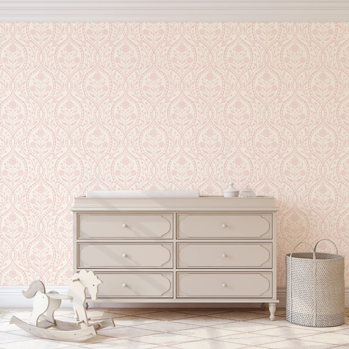 girls nursery pink floral wallpaper with botanical wildflowers shown in kids room as removable peel and stick, prepasted or traditional nonpasted