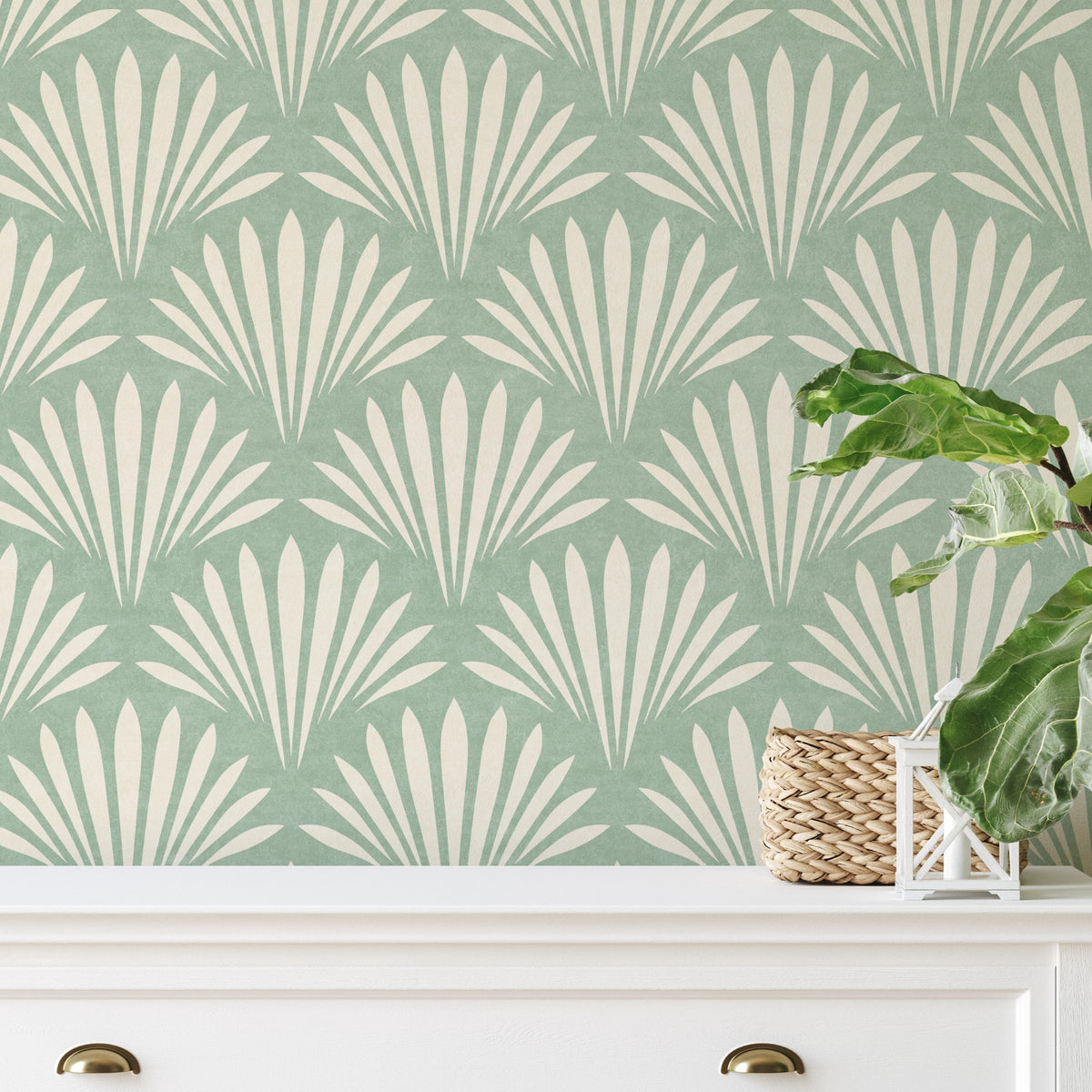 coastal shell green wallpaper in removable peel and stick, prepasted or traditional nonpasted for modern art deco or boho beach house decor.