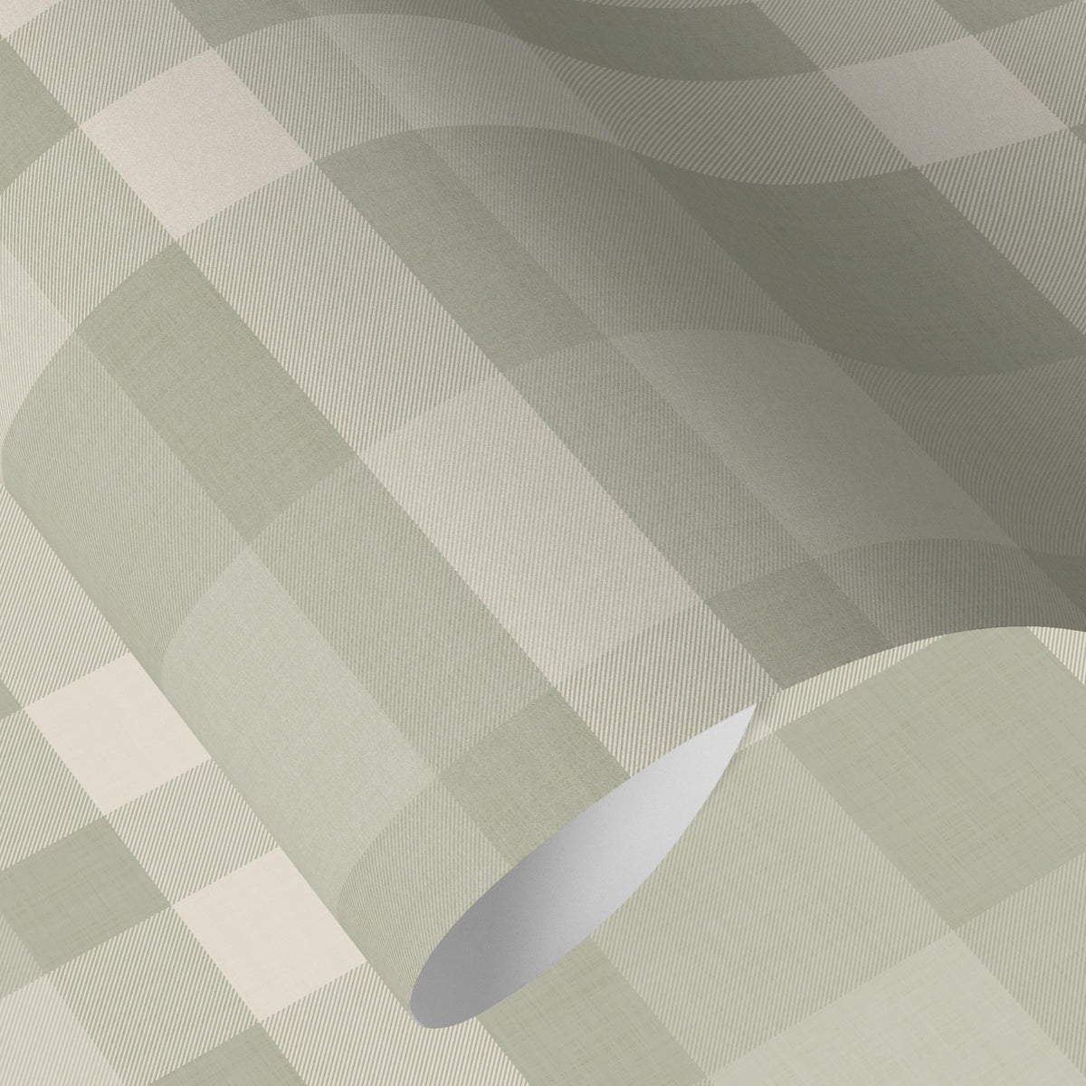 Sage green plaid peel and stick wallpaper panel with the corner lifted