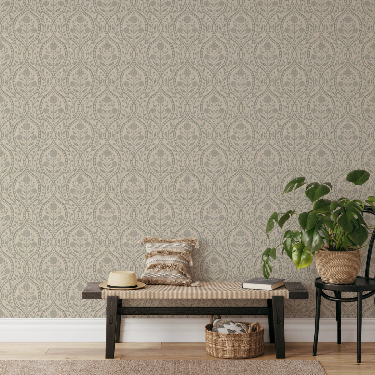 wallpaper shown in peel and stick or removable prepasted. neutral sage green and beige French country wallpaper with elegant wildflower damask. Renter-friendly subtle botanical design for a timeless baby girl nursery, bedroom, or bathroom wall.