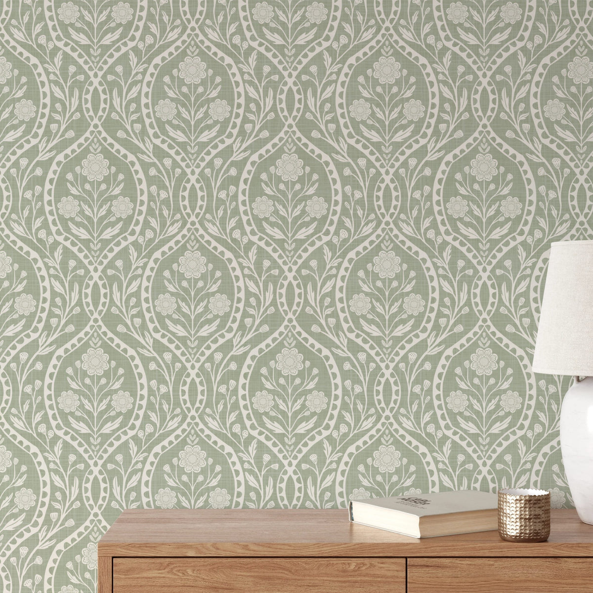 Sage green and white floral wallpaper with a wildflower floral damask pattern. Shown in peel and stick or prepasted for a removable renter friendly option for traditional or french country aesthetic suitable for baby nursery, bedroom, bathroom, kitchen or dining room.