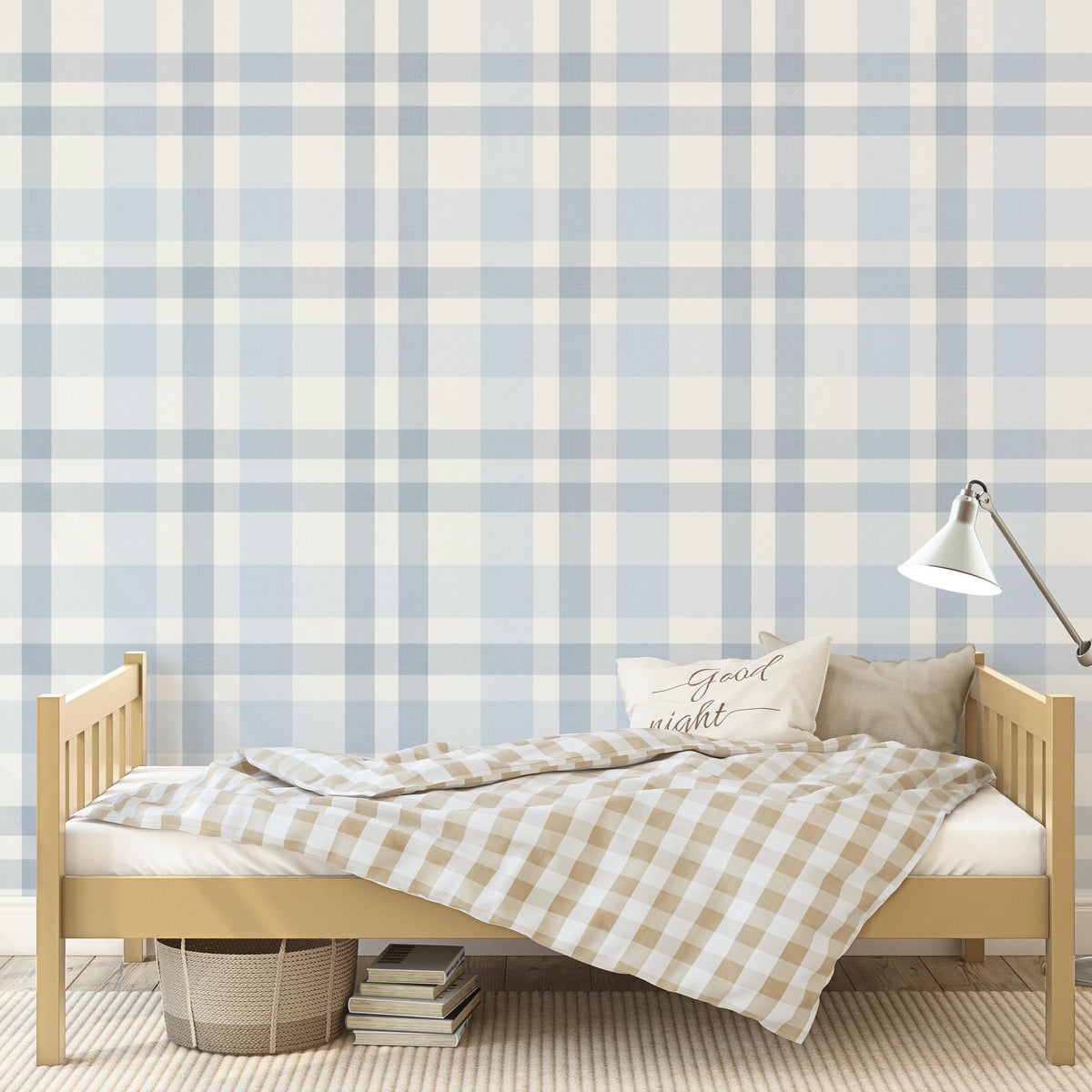 Light blue plaid wallpaper in a preppy cottage bedroom