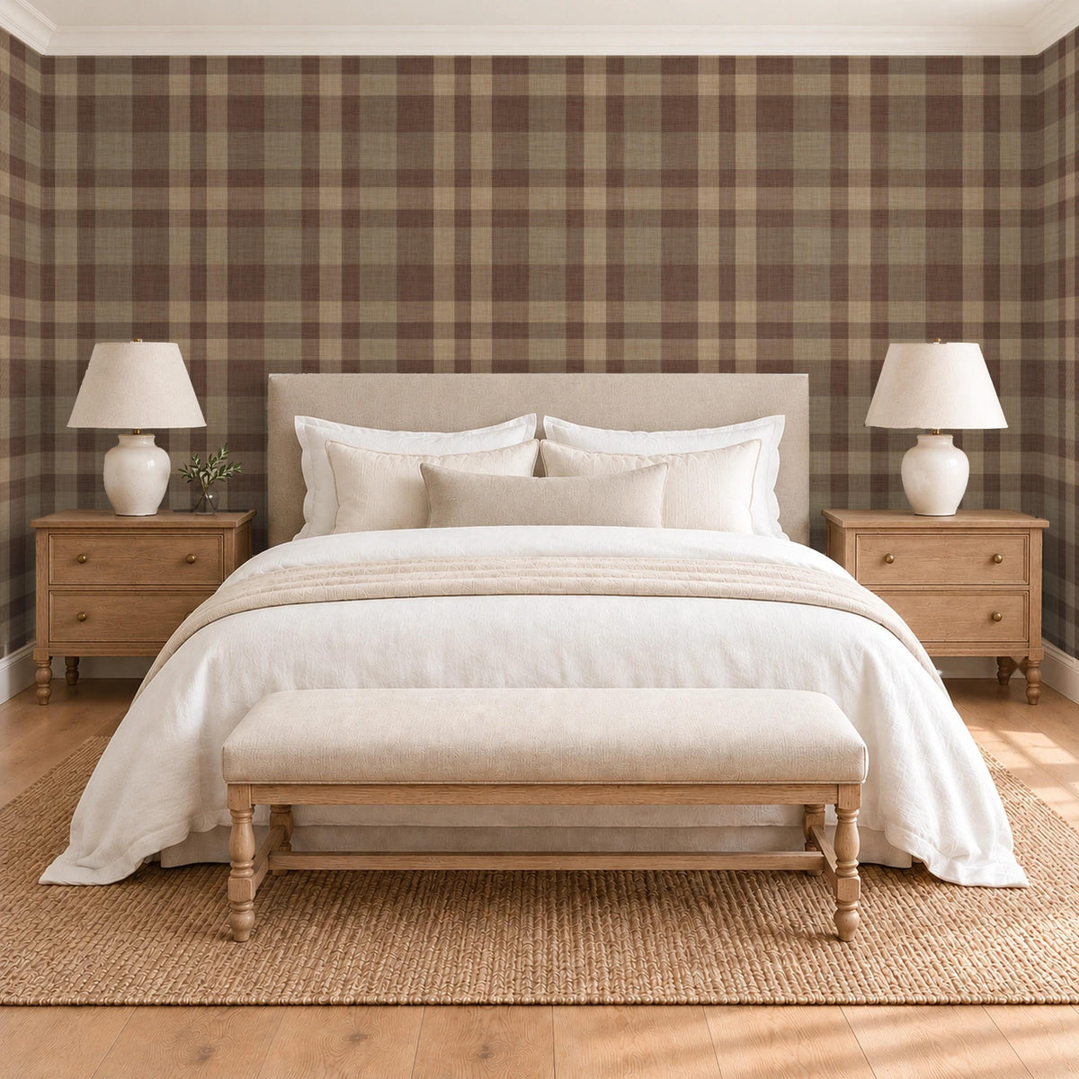 Chocolate brown plaid wallpaper in a dark and moody master bedroom