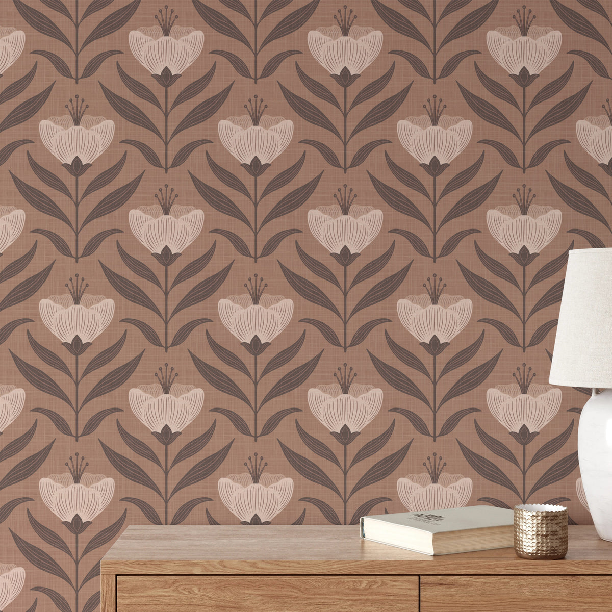 Dark brown vintage moody floral wallpaper in peel and stick, prepasted or traditional nonpasted for cozy boho or mid century modern decor