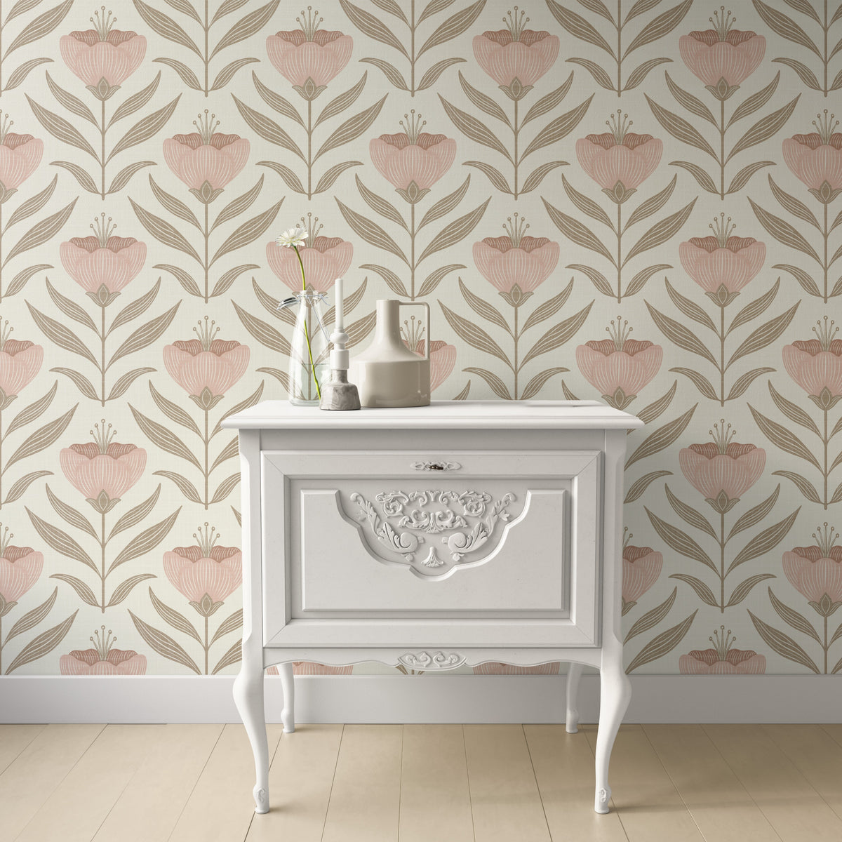 pink vintage floral emma wildflower wallpaper in peel and stick, prepasted or traditional nonpasted for girls nursery bedroom