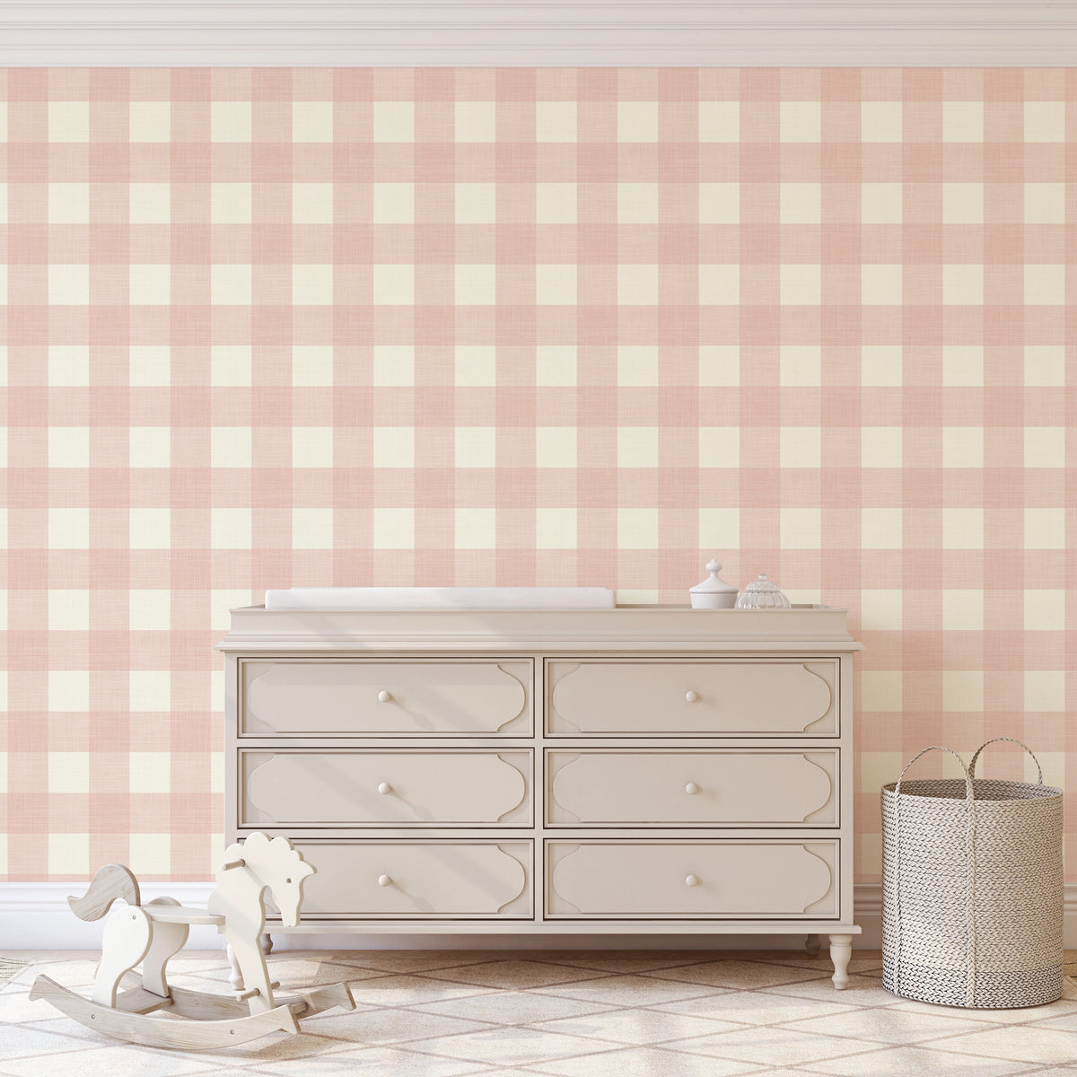 pink and white gingham wallpaper for girls bedroom or nursery with a cute cottage or farmhouse style in peel and stick, traditional nonpasted or prepasted wallpaper.
