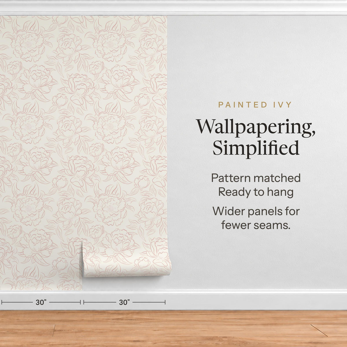 Wallpapering, Simplified graphic showing pre-matched panels of pink Peony Sketch wallpaper