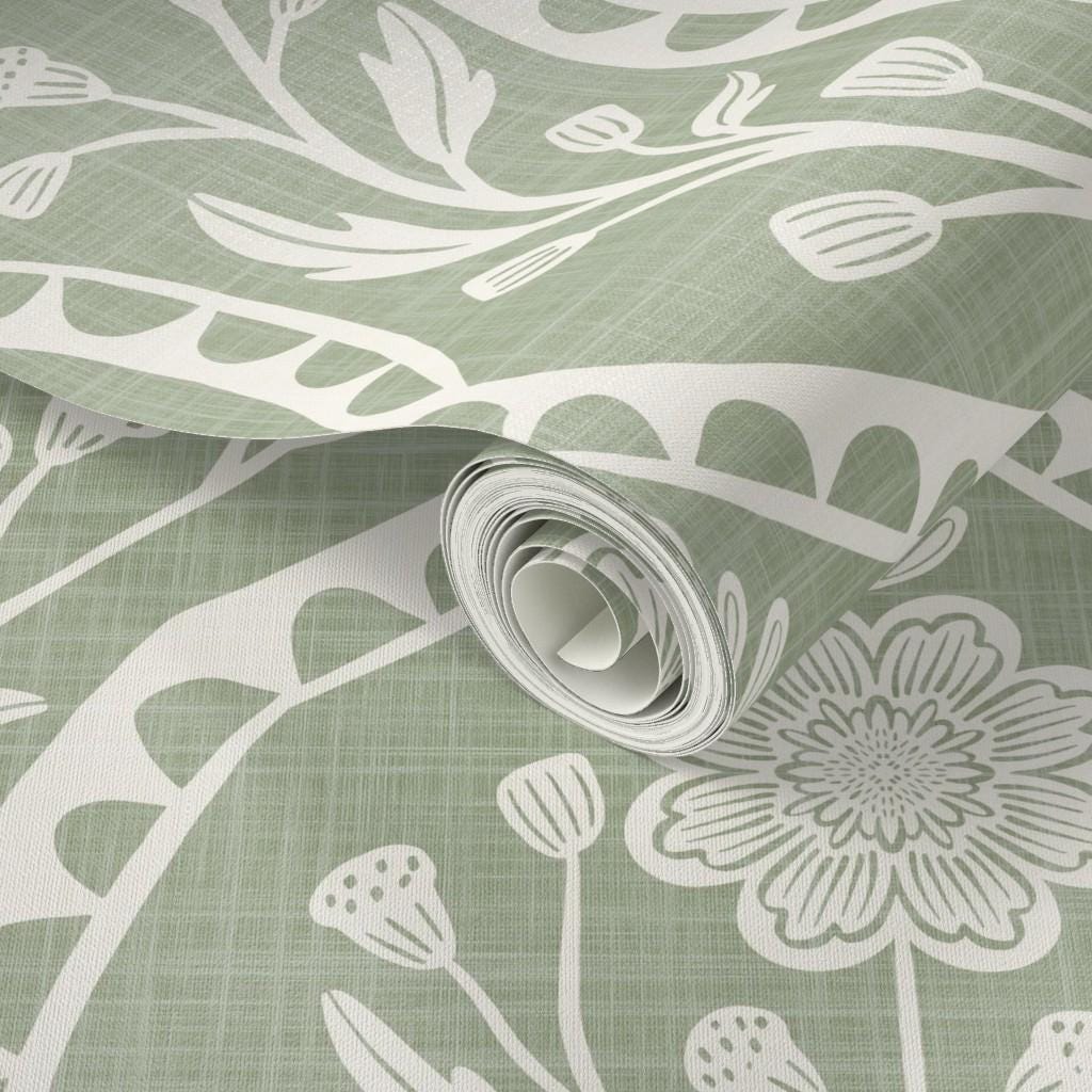 Sage green and white floral wallpaper with a wildflower floral damask pattern. Shown in peel and stick or prepasted for a removable renter friendly option for traditional or french country aesthetic suitable for baby nursery, bedroom, bathroom, kitchen or dining room.