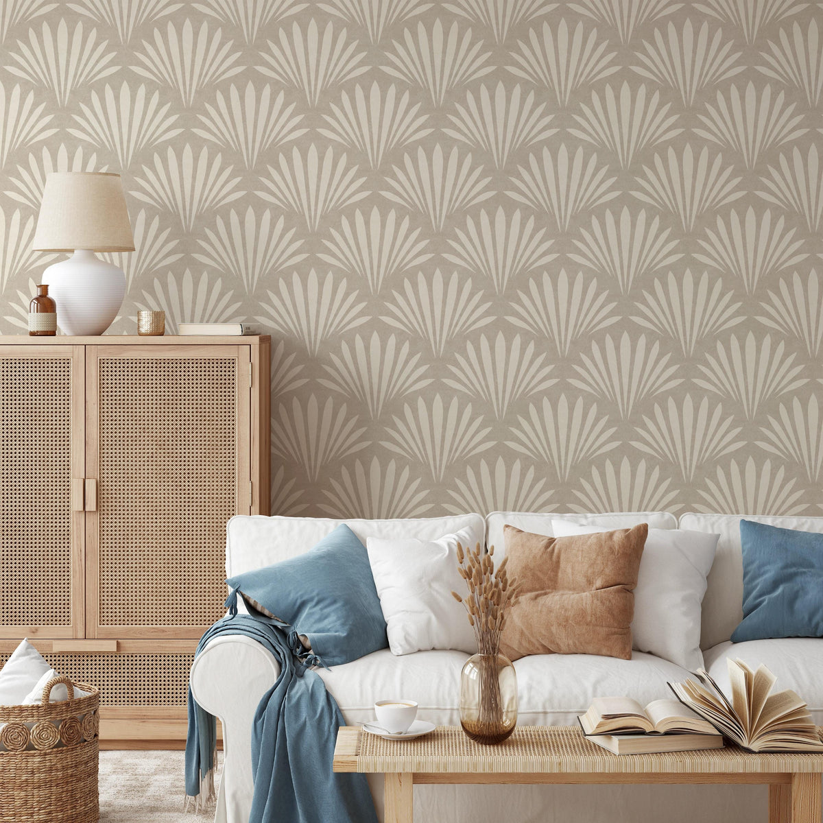 neutral coastal shell wallpaper in removable peel and stick, prepasted, or traditional nonpasted in cozy beige for modern coastal or beach house decor.
