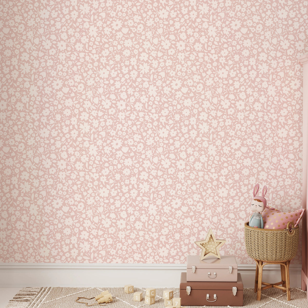 pink floral girls nursery wallpaper in removable peel and stick, prepasted or traditional nonpasted perfect for girly bedroom, powder room or accent wall.