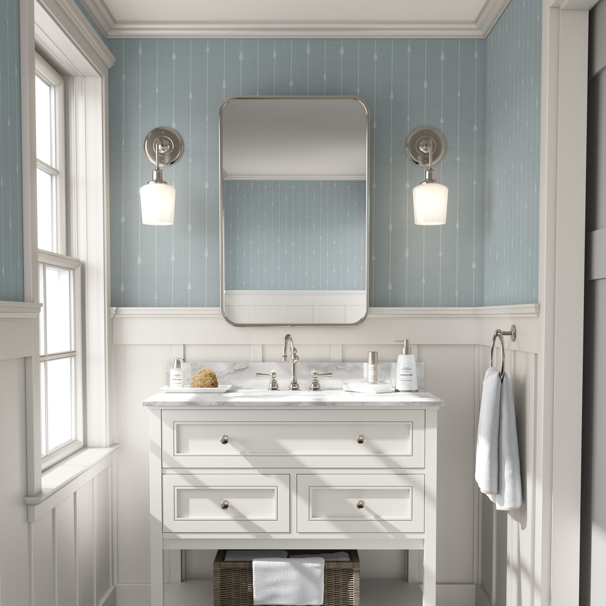 light blue coastal stripe with nautical water drops in removable peel and stick, prepasted or traditional nonpasted wallpaper for a powder room, bathroom, bedroom, or nursery wall.