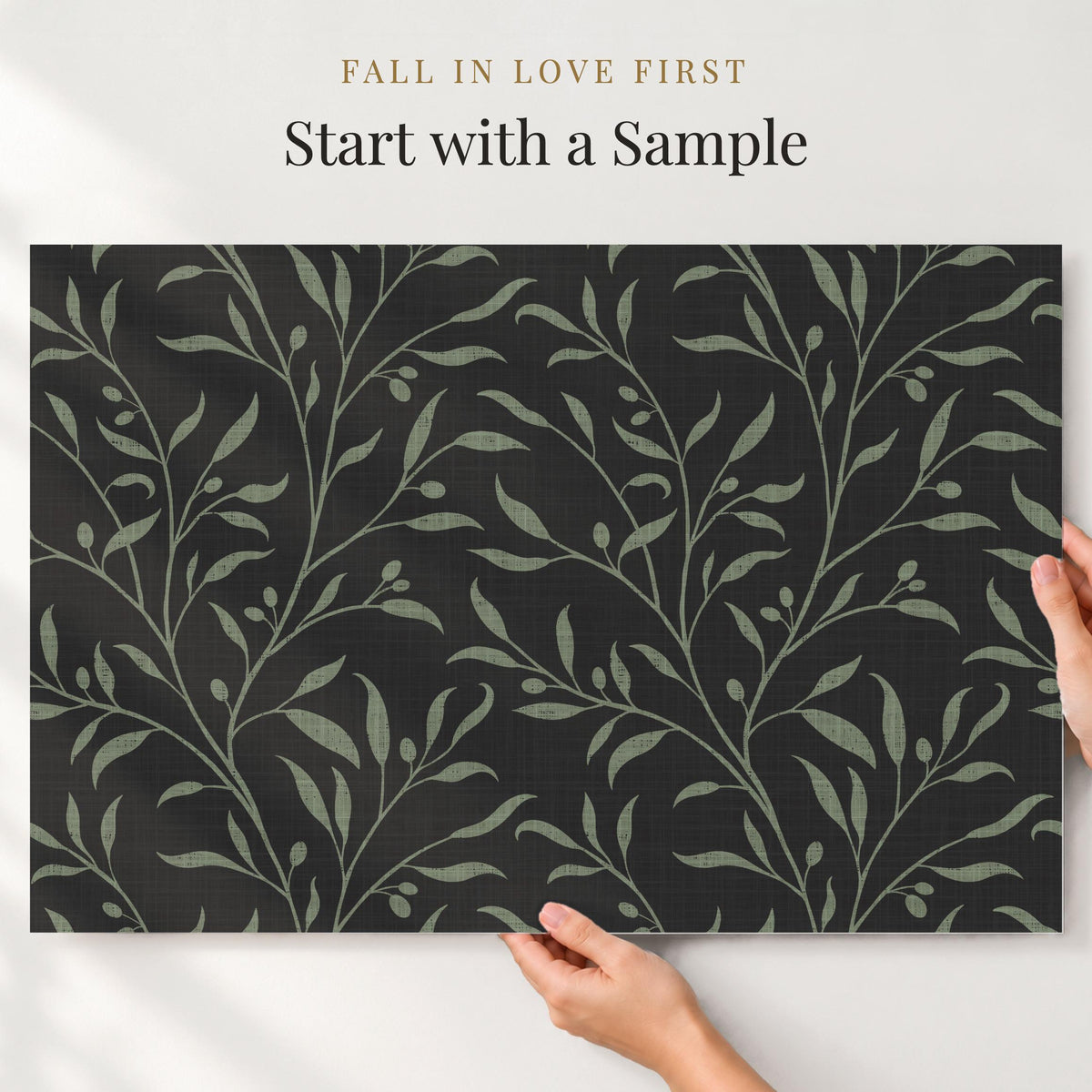 dark moody olive grove botanical leaves and branches wallpaper in peel and stick, prepasted or traditional nonpasted for vintage farmhouse or dramatic accent wall.