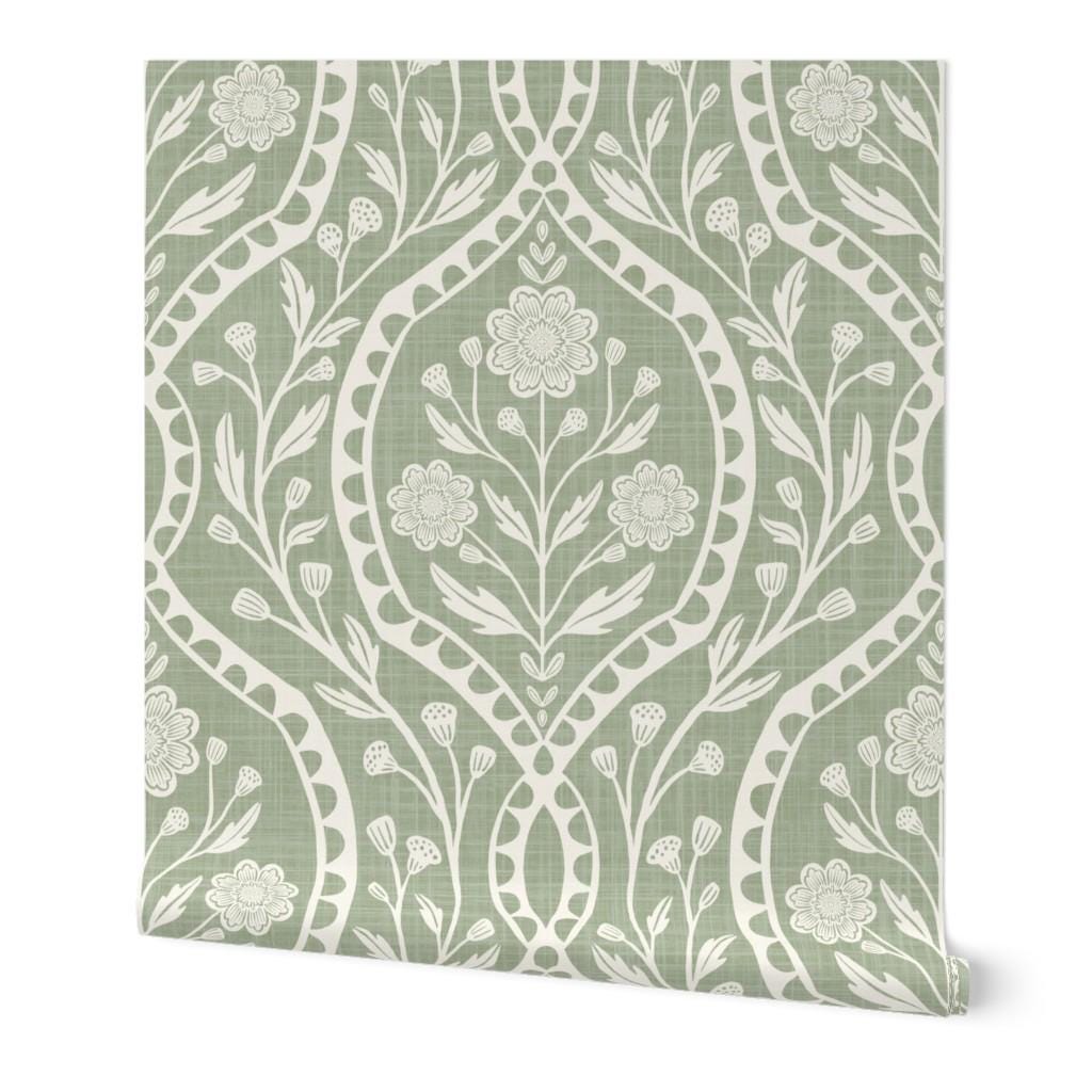 Sage green and white floral wallpaper with a wildflower floral damask pattern. Shown in peel and stick or prepasted for a removable renter friendly option for traditional or french country aesthetic suitable for baby nursery, bedroom, bathroom, kitchen or dining room.