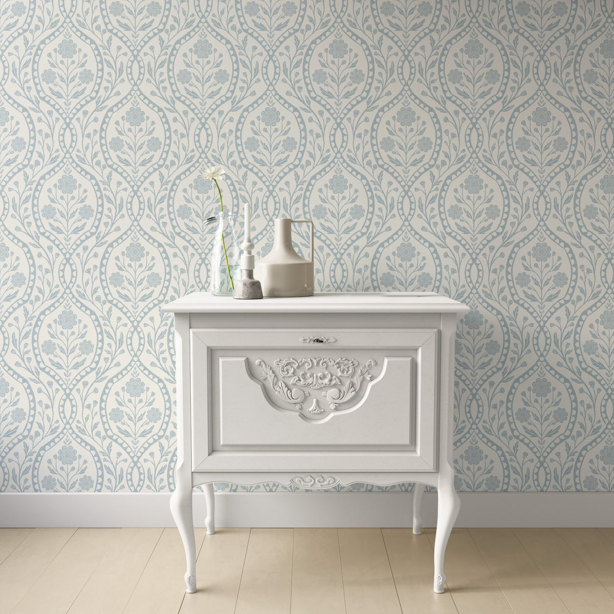 Light blue French country wallpaper with elegant wildflowers on an off-white background. Renter-friendly design for nursery, bedroom, or bathroom wall.