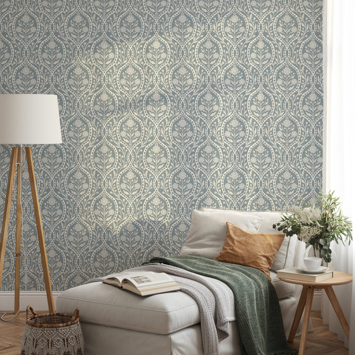 blue and white floral wallpaper with a wildflower floral damask pattern. Shown in peel and stick or prepasted for a removable renter friendly option for traditional or french country aesthetic suitable for baby nursery, bedroom, bathroom, kitchen or dining room.