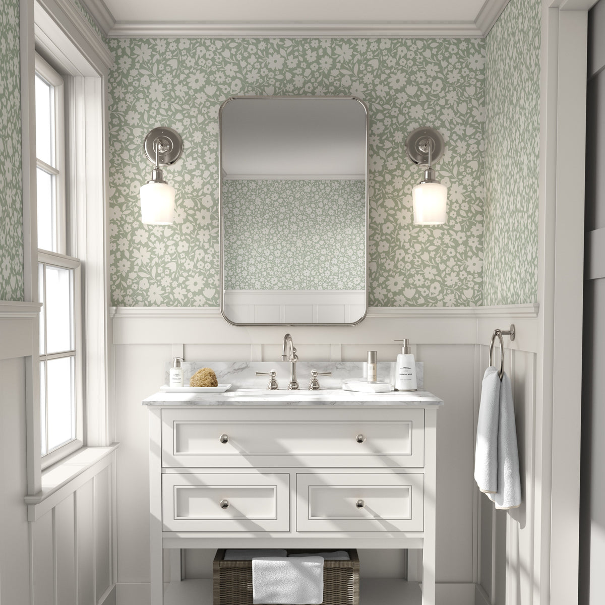 cute green vintage floral inspired wallpaper in peel and stick, prepasted or traditional nonpasted for cottagecore or english cottage inspired girls bedroom, nursery or powder room