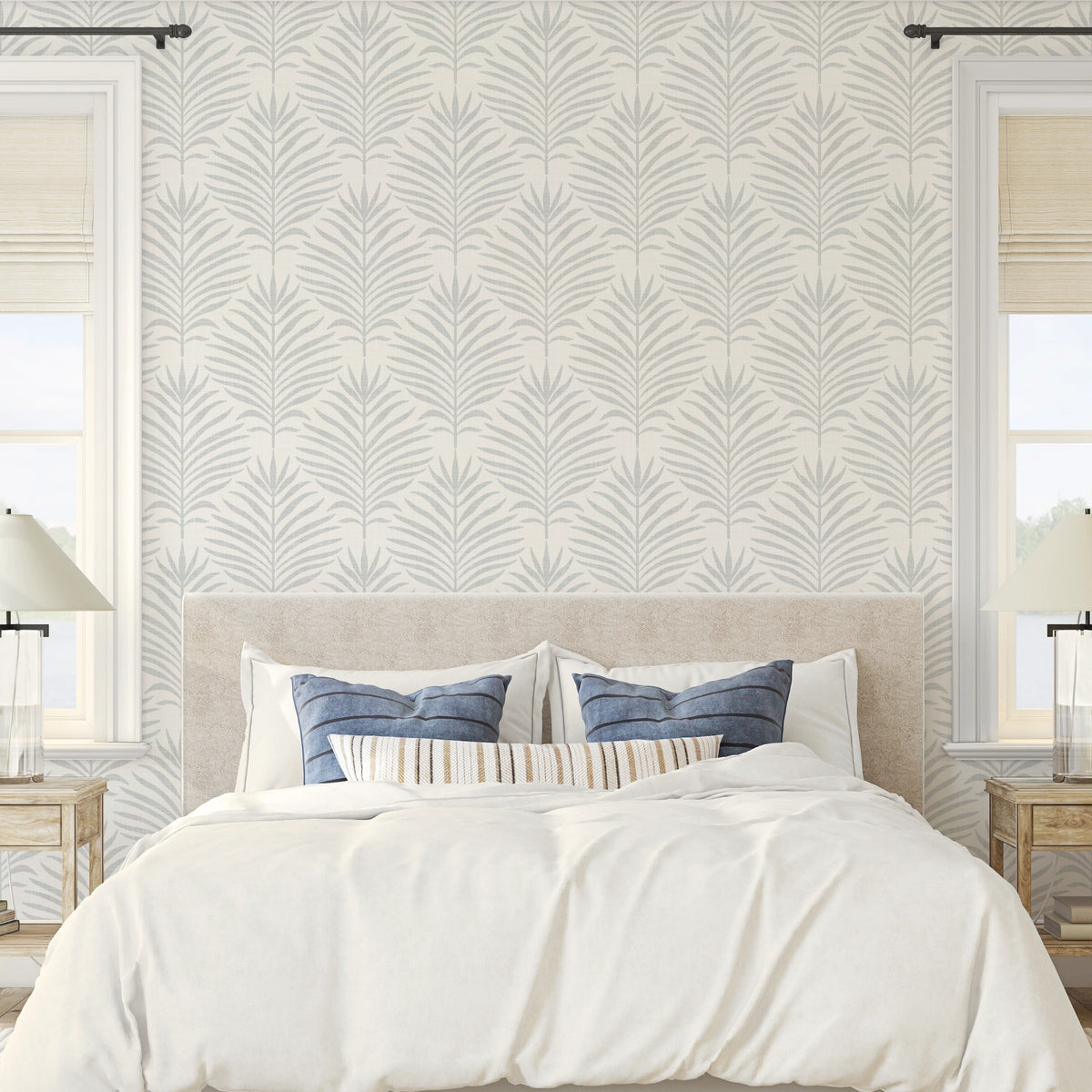 coastal botanical palm leaf wallpaper in gray and white for modern beach house or tropical decor in peel and stick, prepasted, or traditional nonpasted samples and rolls or panels