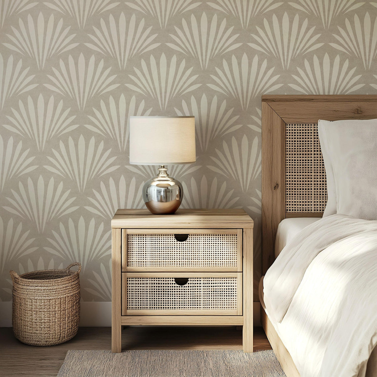 neutral coastal shell wallpaper in removable peel and stick, prepasted, or traditional nonpasted in cozy beige for modern coastal or beach house decor.