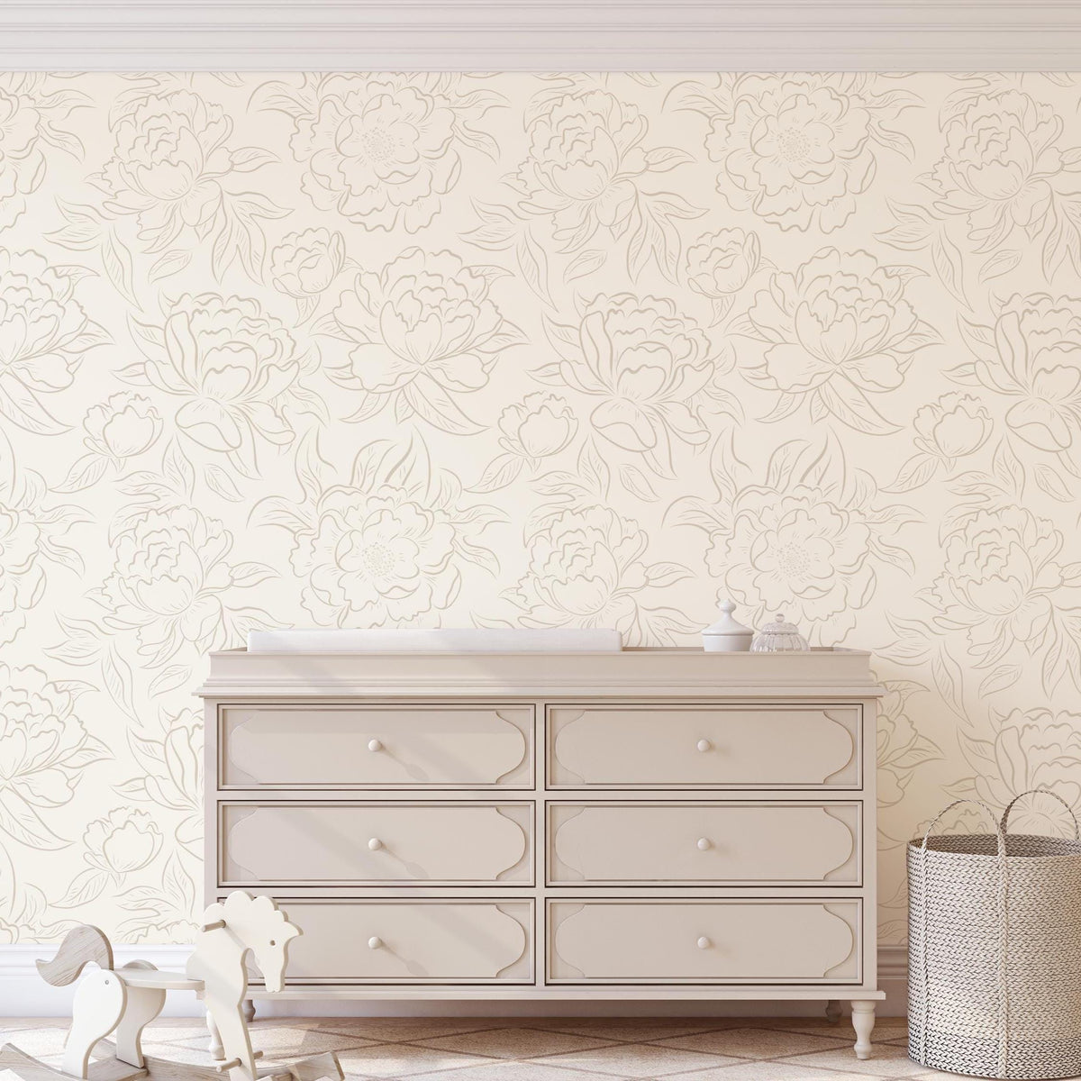 White dresser against neutral beige Peony Sketch floral wallpaper