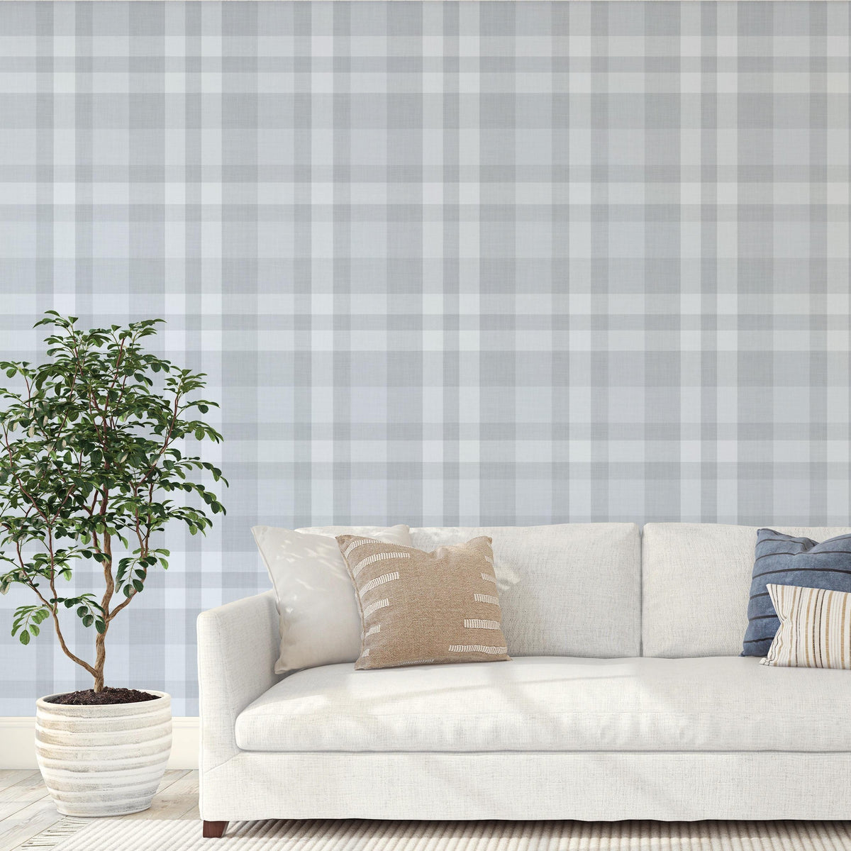 Dusty blue plaid traditional nonpasted wallpaper in a coastal cottage living room