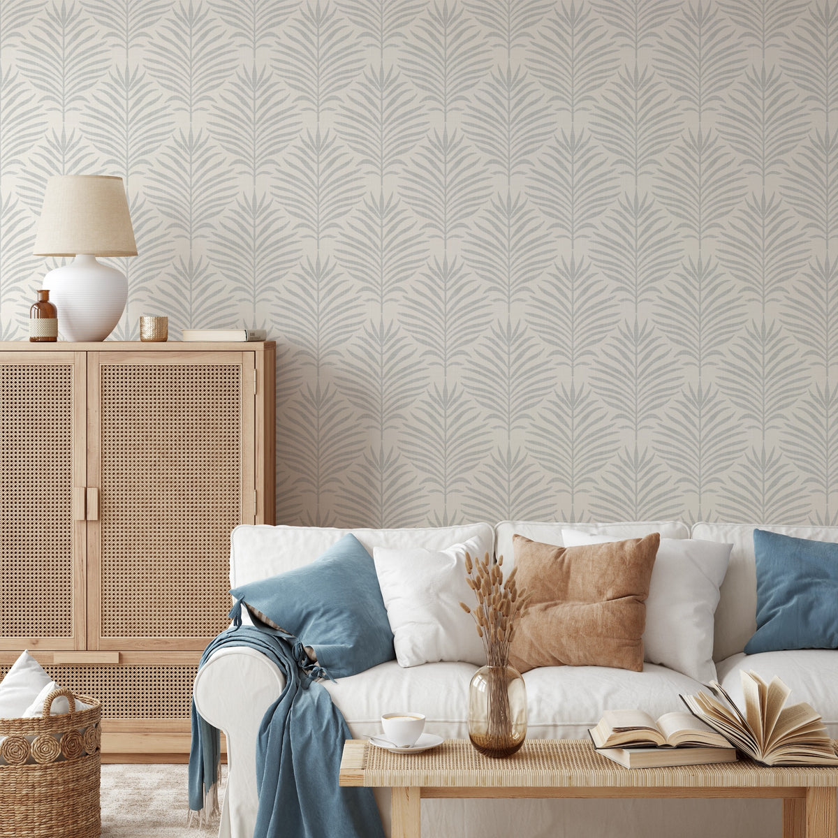 coastal botanical palm leaf wallpaper in gray and white for modern beach house or tropical decor in peel and stick, prepasted, or traditional nonpasted samples and rolls or panels