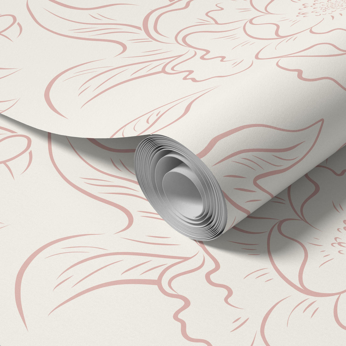 Close-up of a rolled panel of blush pink sketched peony wallpaper