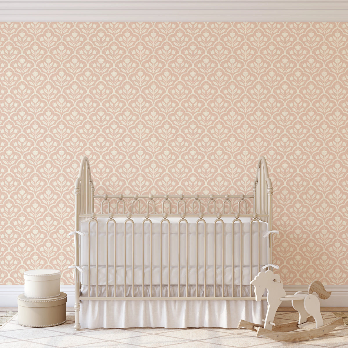 light pink and white vintage inspired floral wallpaper in removable peel and stick, prepasted or traditional nonpasted for a baby girl nursery or coquette bedroom with a cottagecore aesthetic.