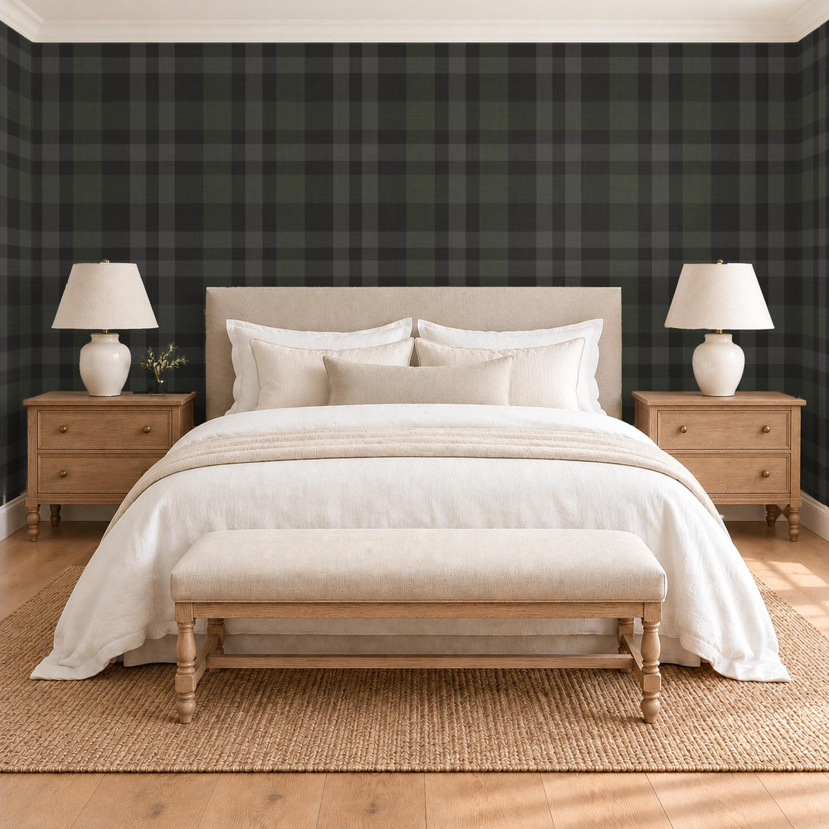 Charcoal black plaid prepasted wallpaper in a dark and moody master bedroom